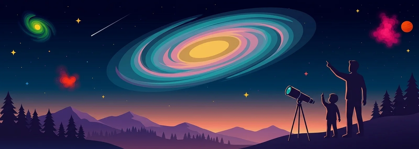 Ein Vater zeigt seinem Kind mit einem Teleskop eine große Galaxie am Nachthimmel
